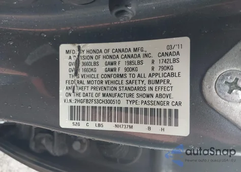 2012 Honda Civic Lx из США, поврежденный, VIN 2HGFB2F53CH300510